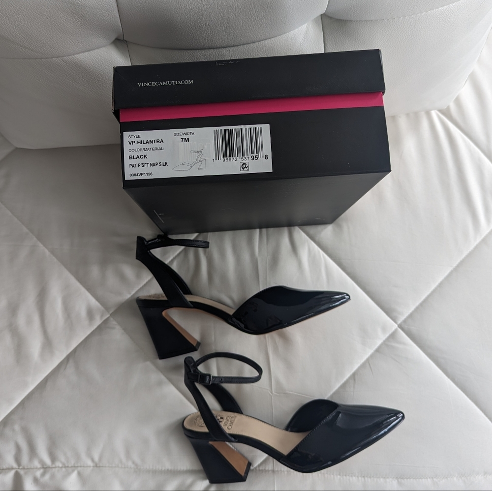 Vince Camuto Black Pointed Toe Closed Toe Ankle Strap Heels